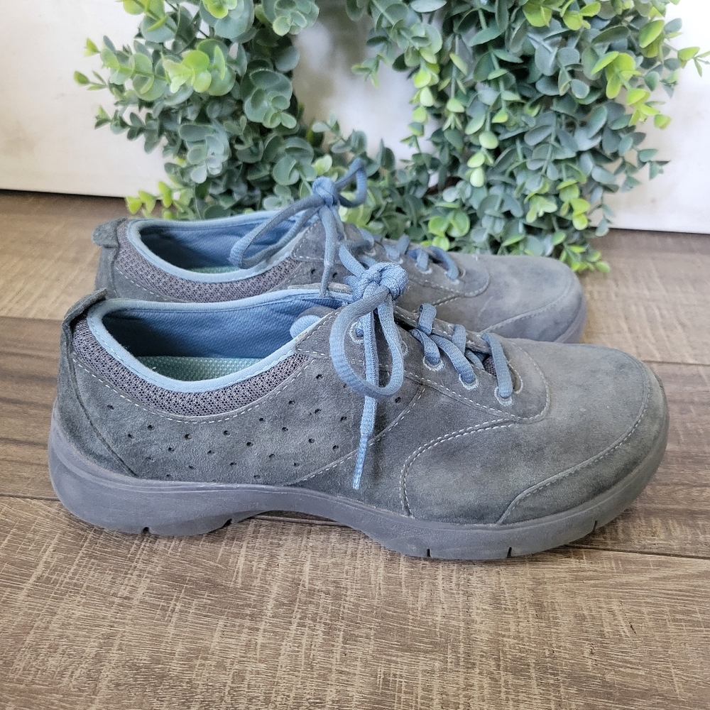 Dansko Elaine Sneakers Shoes Blue Gray Low Top Leather Suede Lace Up Womens 39